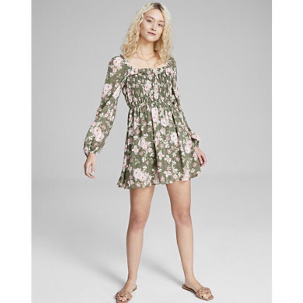 And Now This Women's Green Floral Smocked Long-Sleeve Mini Dress Sz 0X